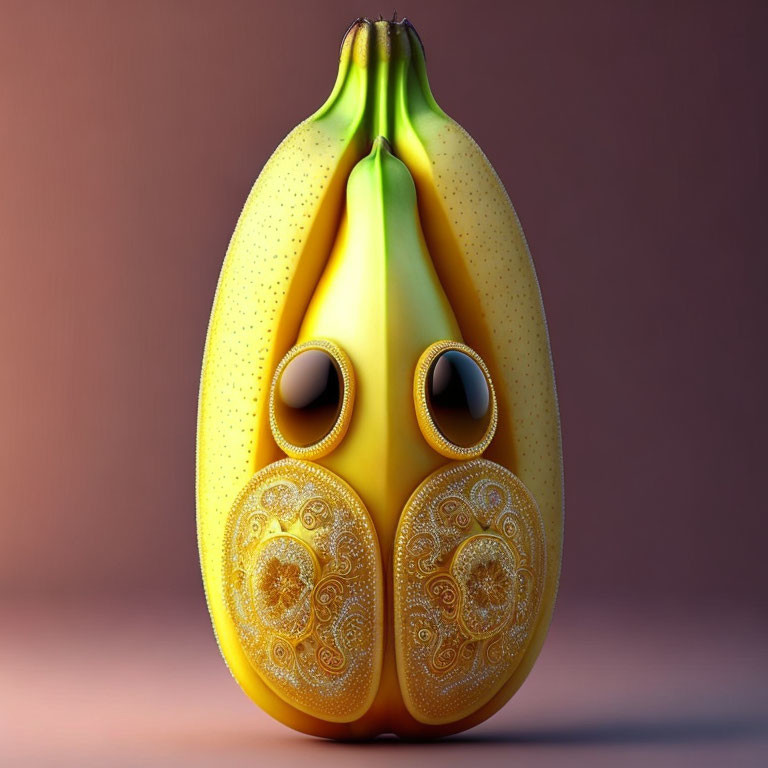 Digitally altered image of tribal mask banana with intricate patterns