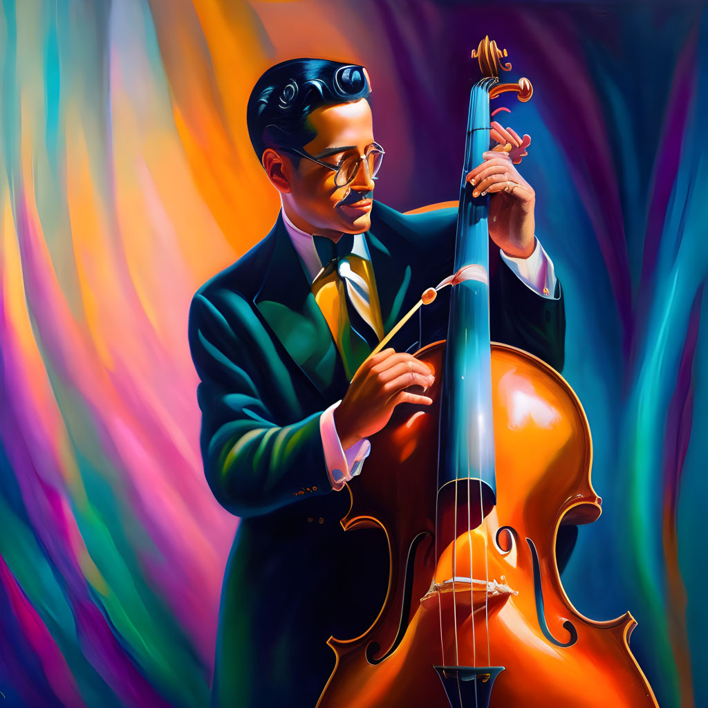 Man in Green Suit Playing Double Bass with Colorful Background