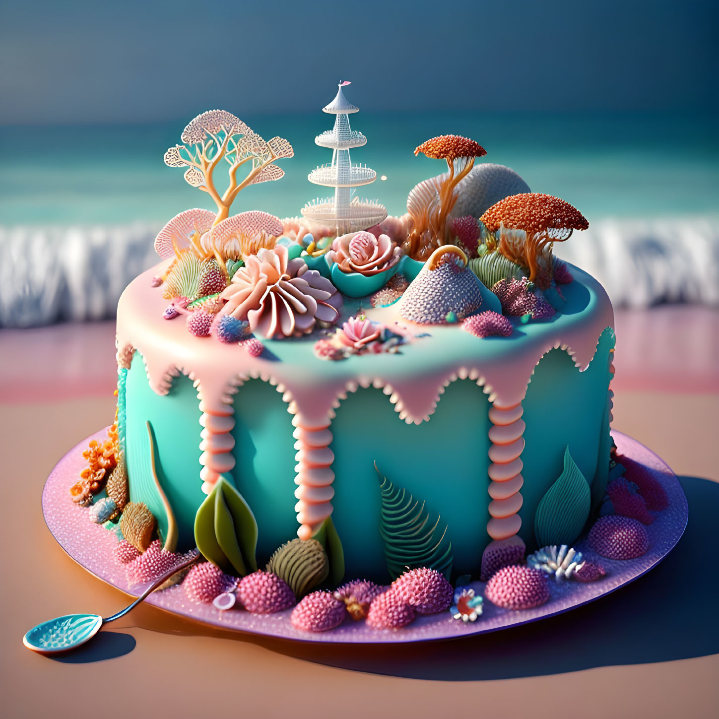 Ocean-themed cake with coral, seashells, and fondant pagoda on beach backdrop