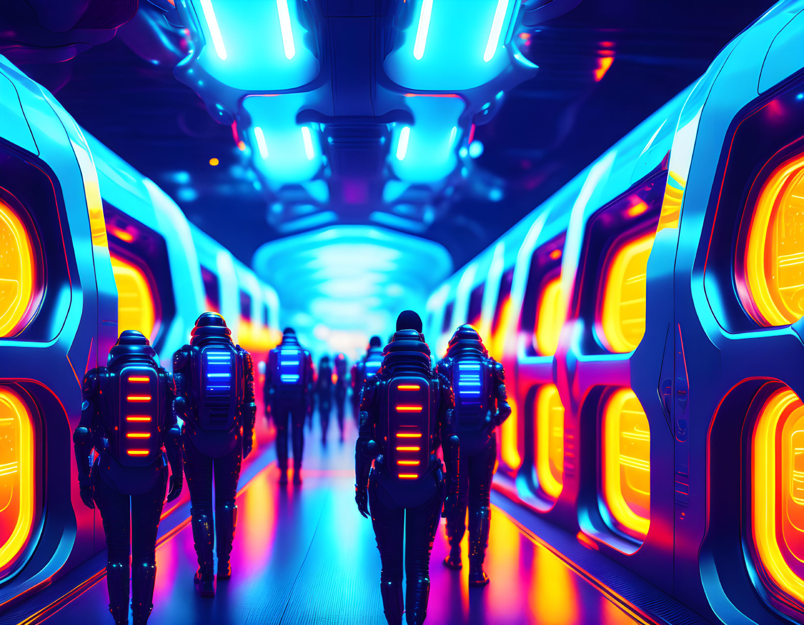 Futuristic neon-lit corridor with high-tech walls and ceiling
