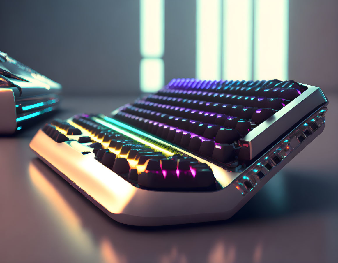 RGB Illuminated Mechanical Keyboard on Reflective Surface with Vibrant Colors