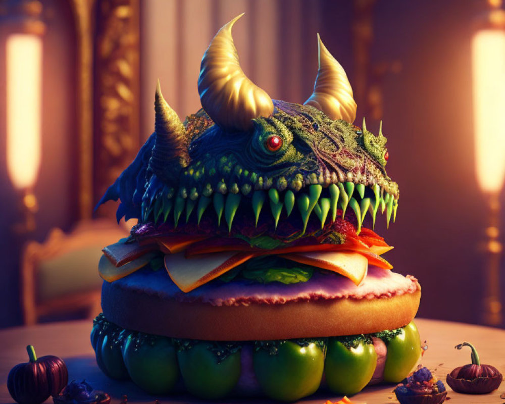 Dragon-themed burger art against warm, moody backdrop