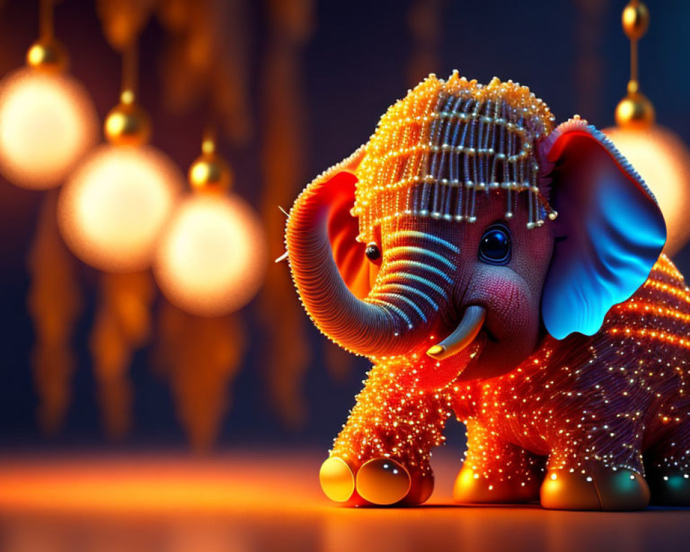 Colorful Decorated Elephant with Glowing Lights on Dark Blue Background