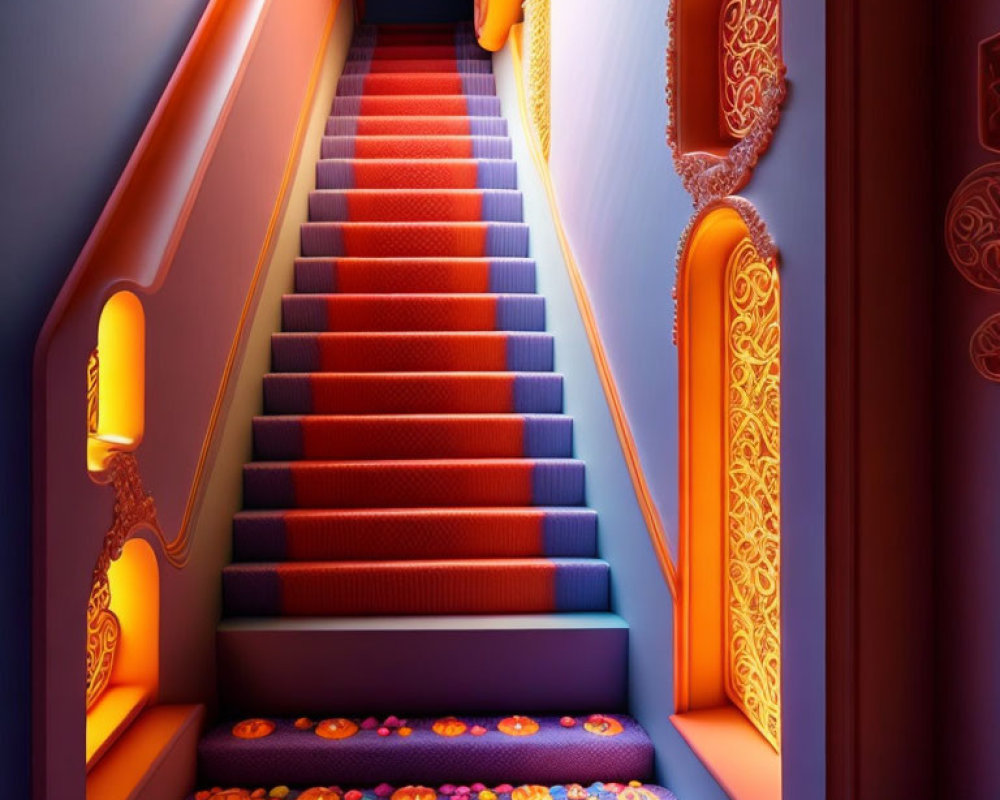 Colorful staircase with blue walls, orange accents, patterned steps, and decorative frames