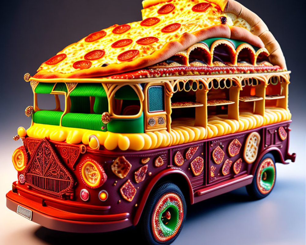 Colorful Double-Decker Bus Pizza Illustration