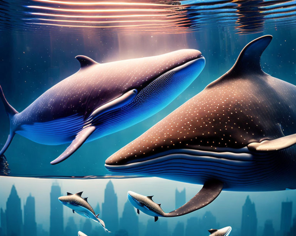 Whales and cityscape in underwater scene