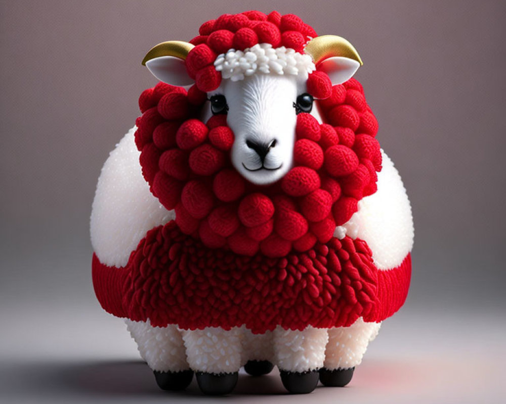 Fluffy Sheep with Red Wool Illustration on Neutral Background