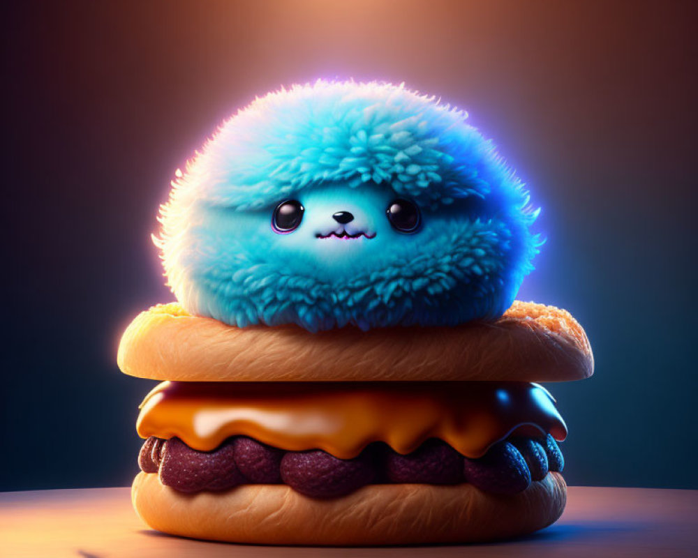 Fluffy Blue Creature Poses in Hamburger Scene