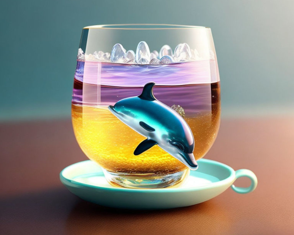 Stylized digital illustration of dolphin leaping in glass with sea and sunset layers