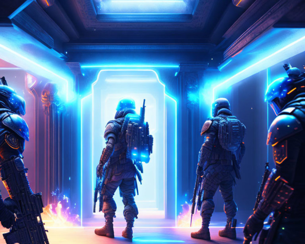Futuristic soldiers in neon-lit corridor with weapons and portal
