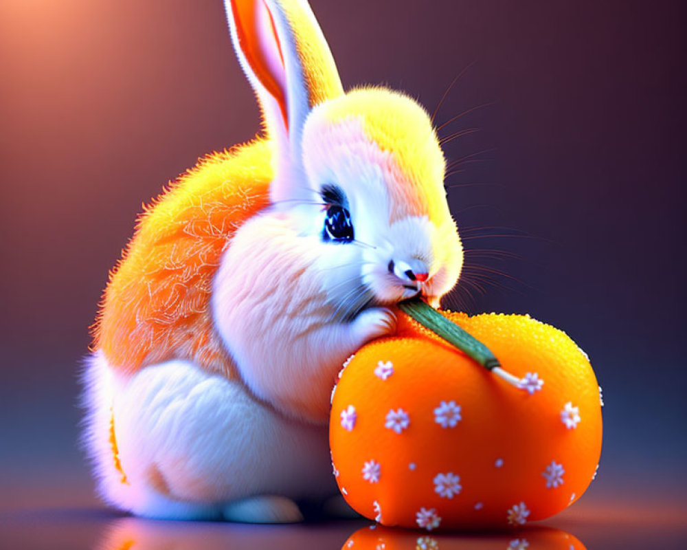 Fluffy orange and white rabbit with orange and white flower-patterned fruit on purple background