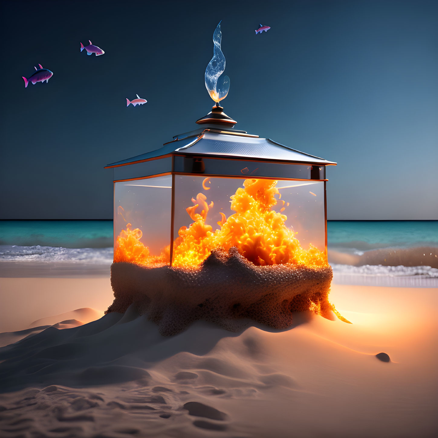Surreal image: lantern with fiery explosion on sandy beach at twilight with flying fish