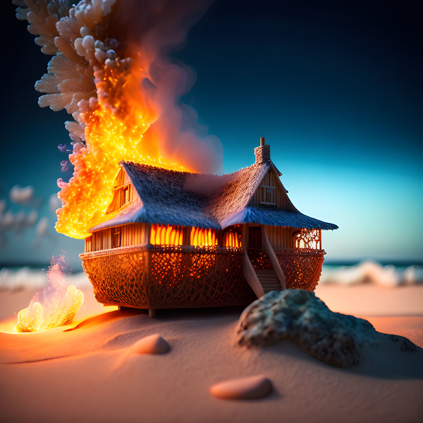 Thatched-roof beach house on fire by ocean shore