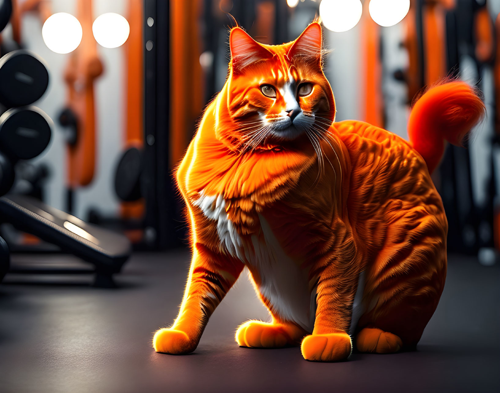 Orange Tabby Cat with Amber Eyes in Gym Setting with Weights