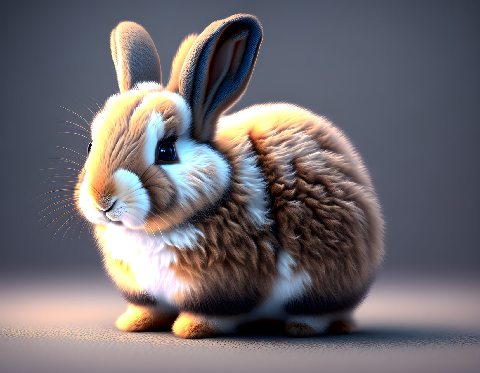 Hyper-realistic digital illustration of a fluffy brown and white rabbit with blue eyes in soft lighting
