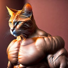 Muscular orange cat with contemplative expression on warm background