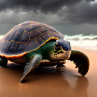 Digital illustration: Sea turtle on stormy beach with lightning reflected in sand