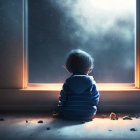 Toddler sitting by glowing window at night with toys and warm ambiance