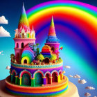 Colorful Rainbow Castle Cake with Candy Decorations & Floating Islands