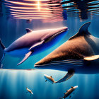 Whales and cityscape in underwater scene