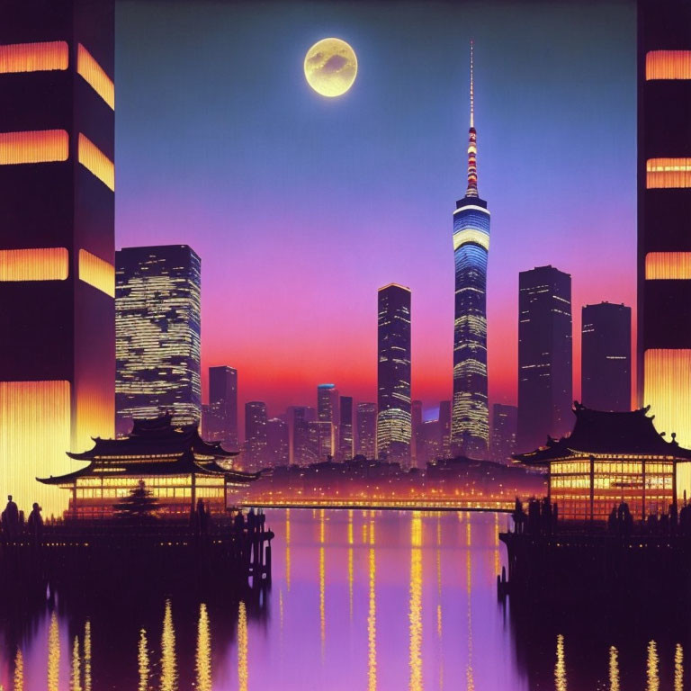 Cityscape at Dusk: Skyscrapers, Full Moon, Traditional Architecture, Reflective Water