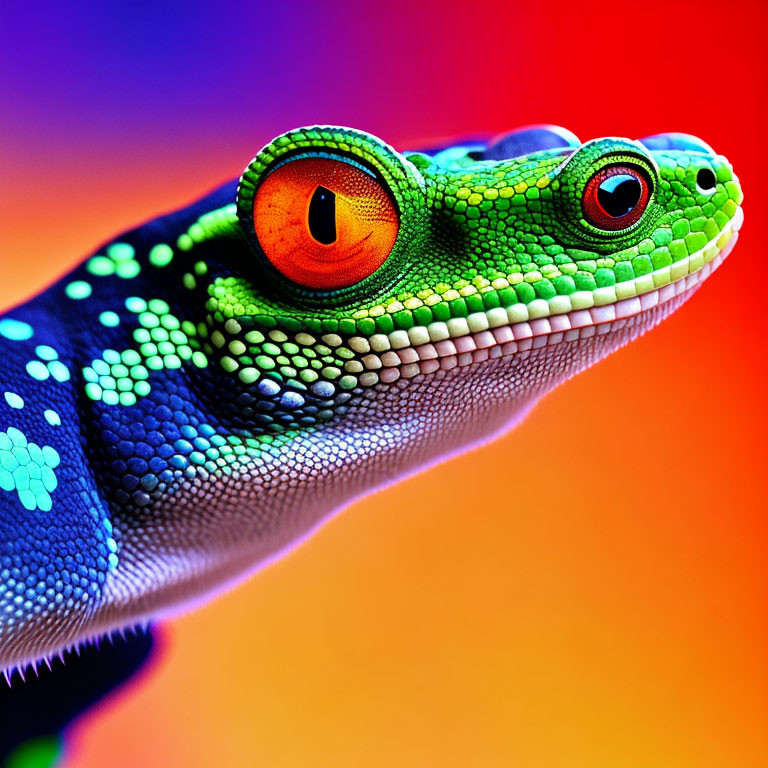 Colorful Gecko with Orange Eyes on Rainbow Background