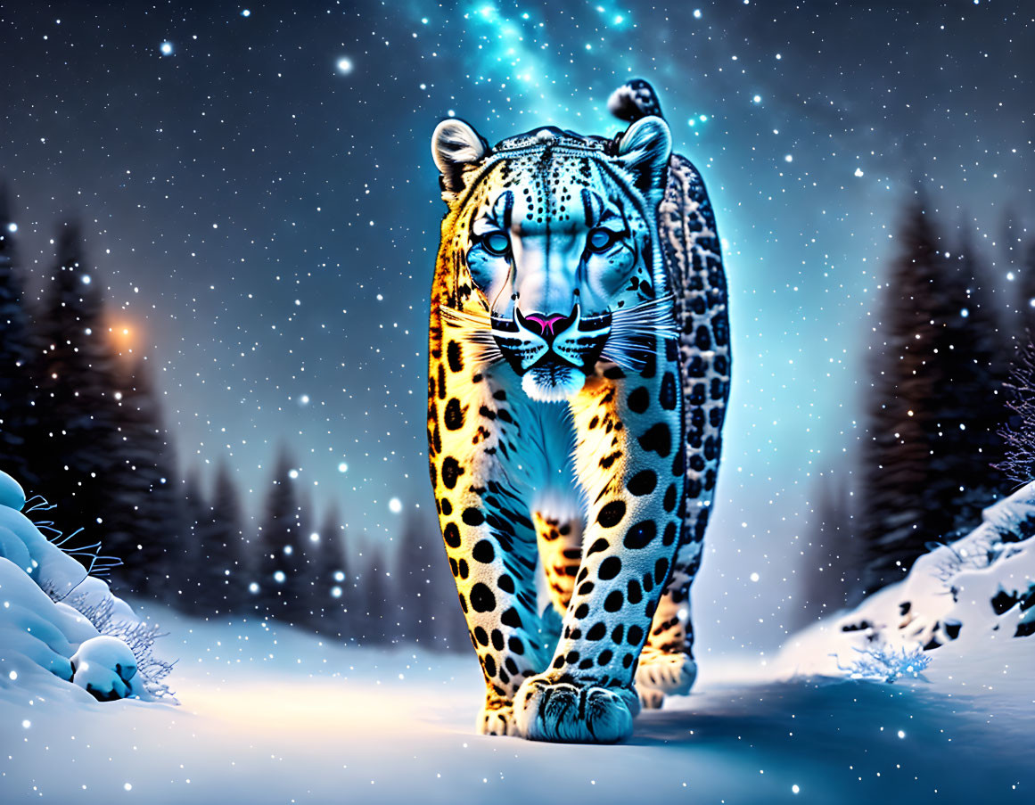 Majestic leopard with glowing eyes in snowy landscape