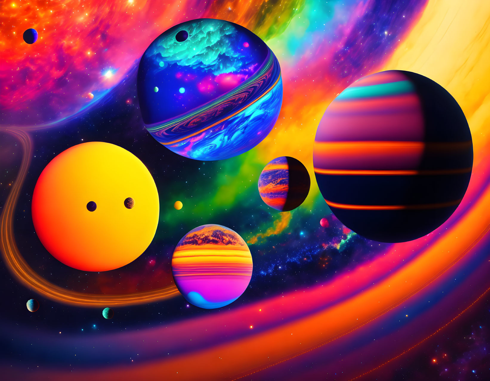 Colorful Surreal Planets and Moons in Cosmic Scene