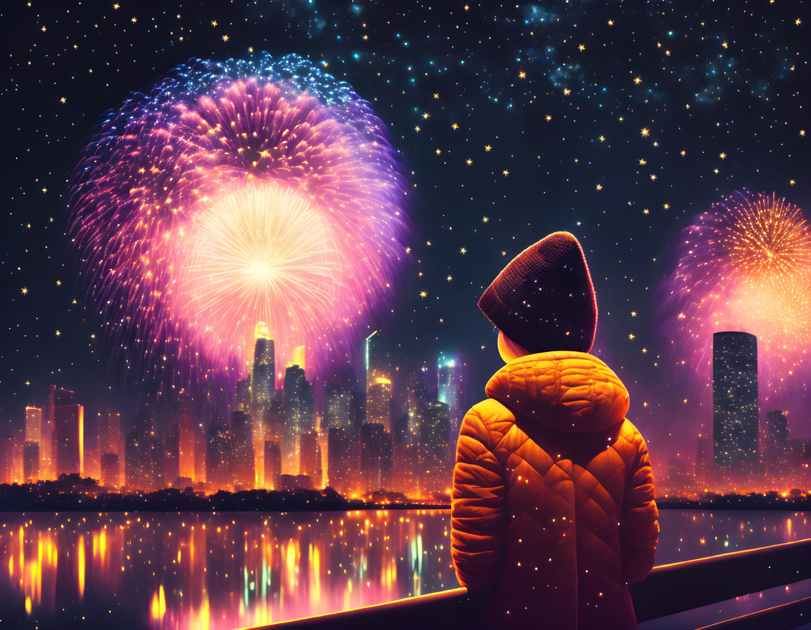 Person in Winter Coat Watches Night City Fireworks Display