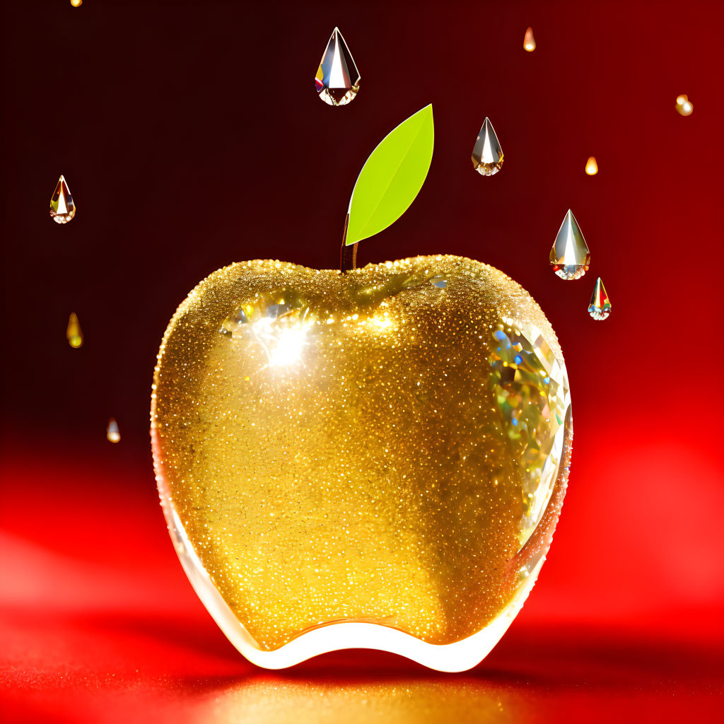 Shiny golden apple with water droplets on red background
