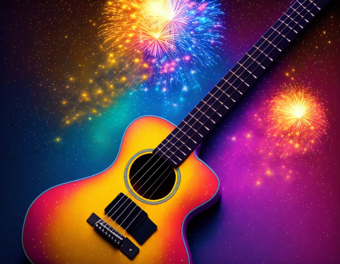 Vibrant sunburst acoustic guitar against cosmic fireworks background