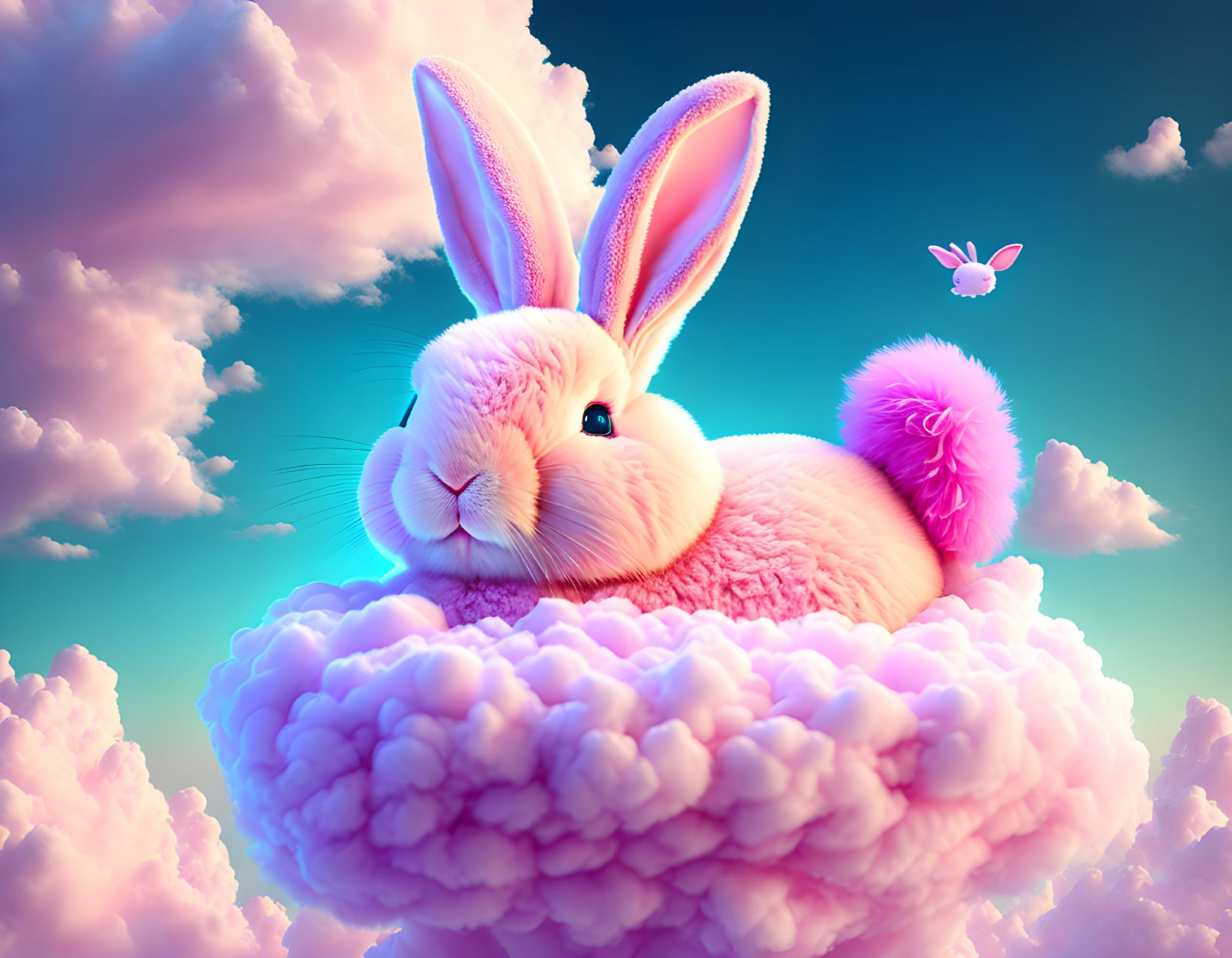 Whimsical pink rabbit on cloud with butterfly in blue sky