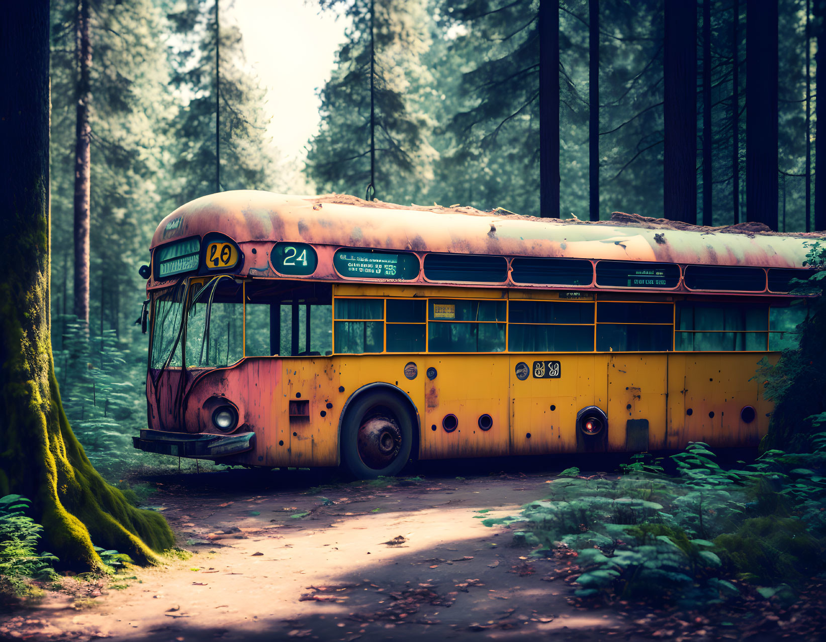 Rusty yellow bus in dense forest with misty atmosphere