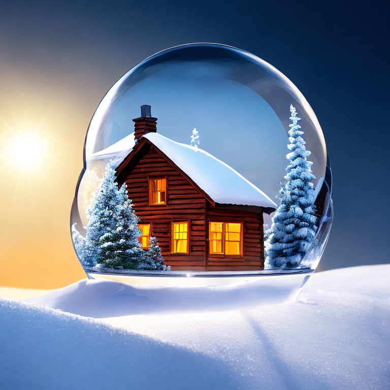 Snowy terrain: Wooden cabin in snow globe with twilight sky