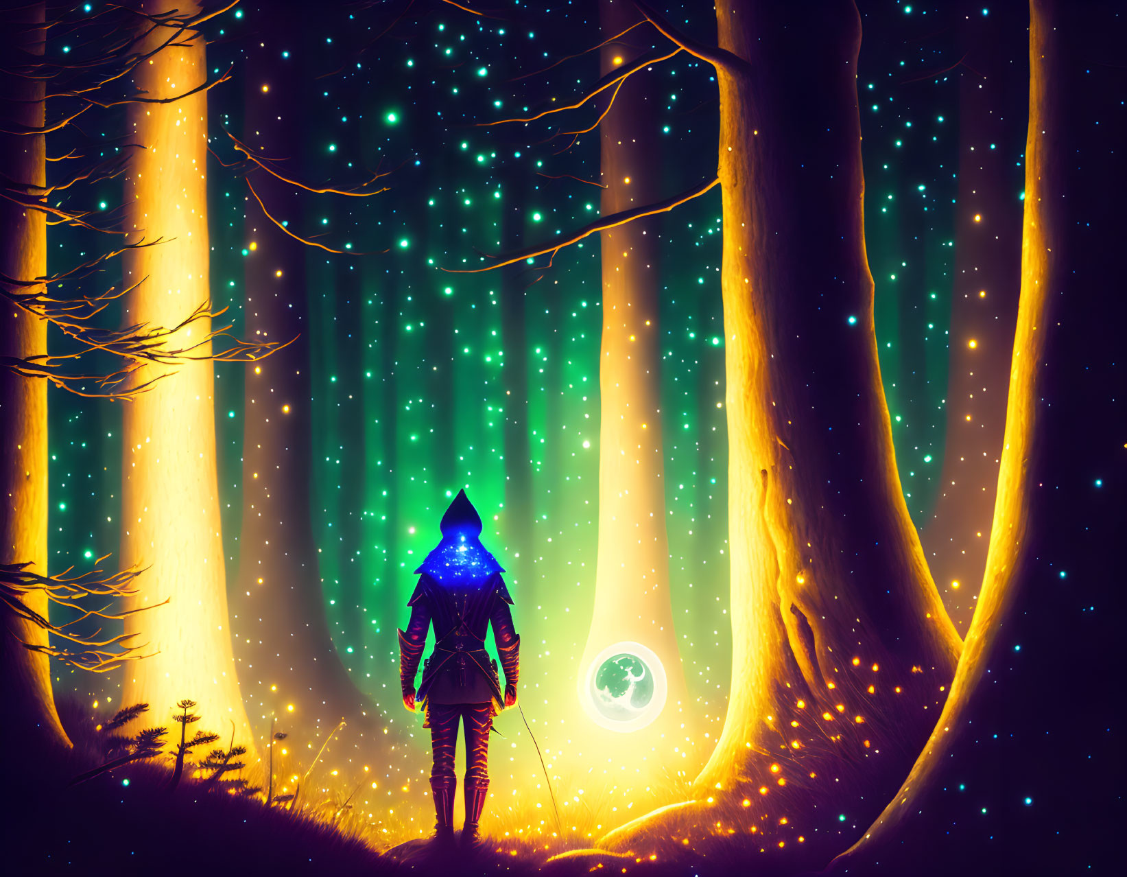 Cloaked figure in mystical forest with glowing trees and starry backdrop