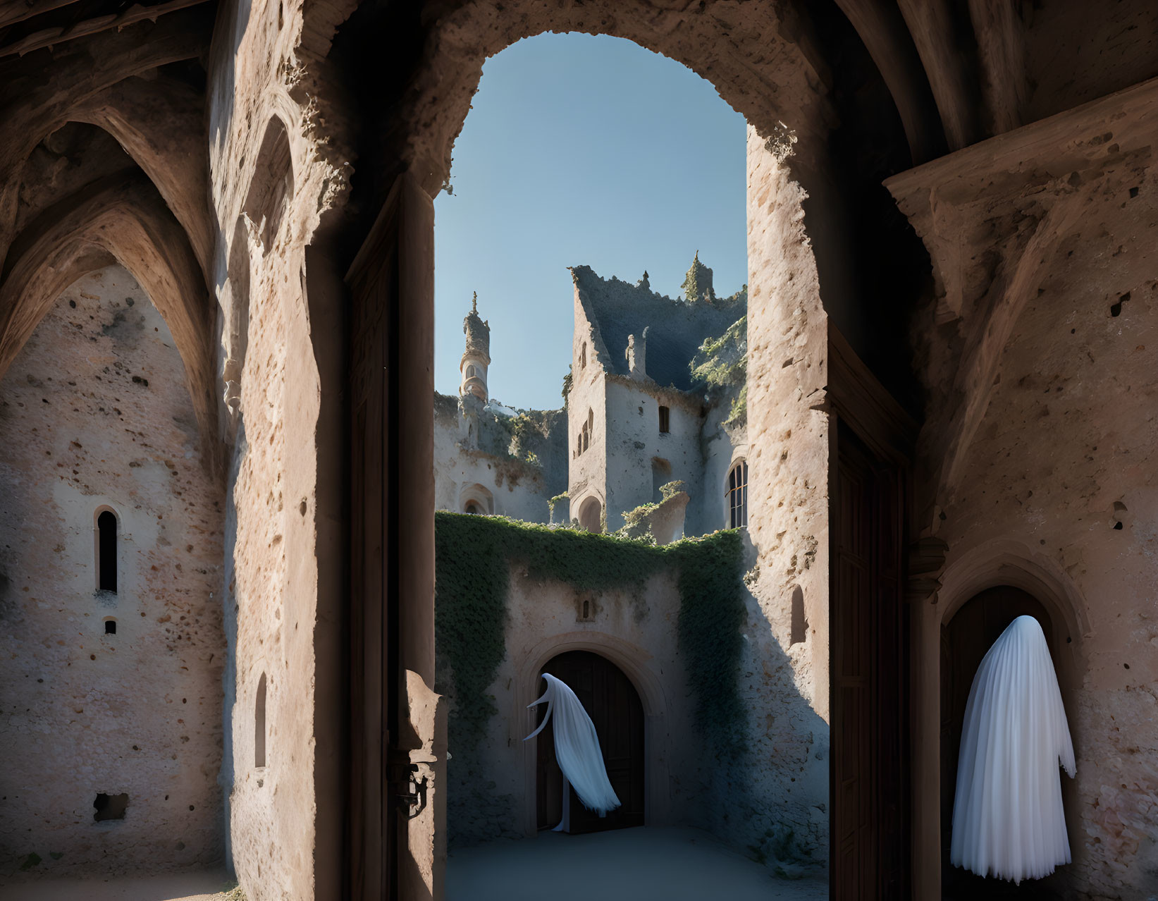 Abandoned castle with ivy-covered archway and white sculptures