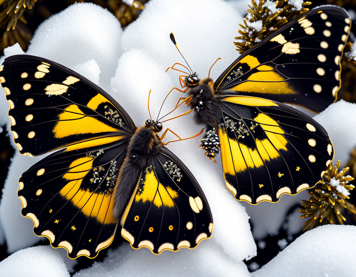 Black and Yellow Butterflies Resting on Snow-Covered Branches