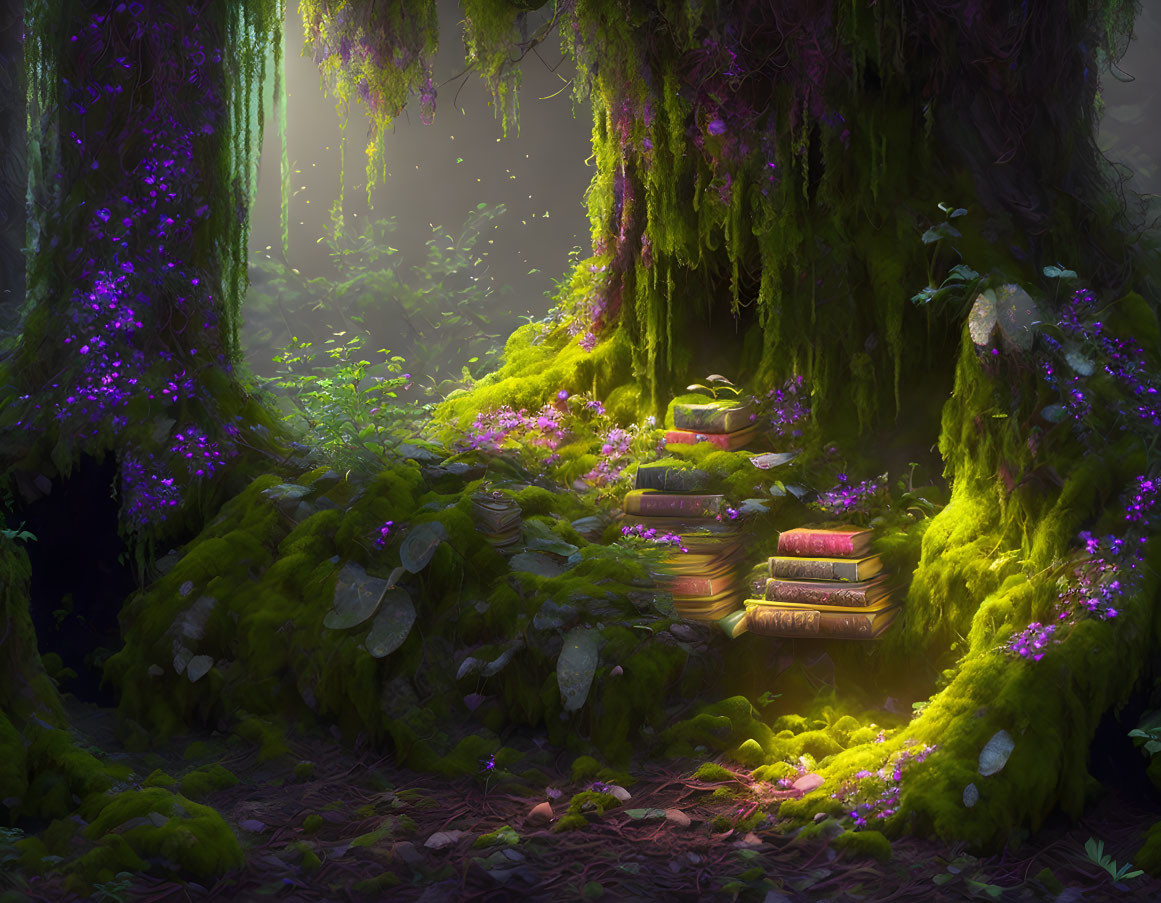 Sunlit Enchanted Forest with Moss-Covered Trees, Ancient Books, and Purple Flowers