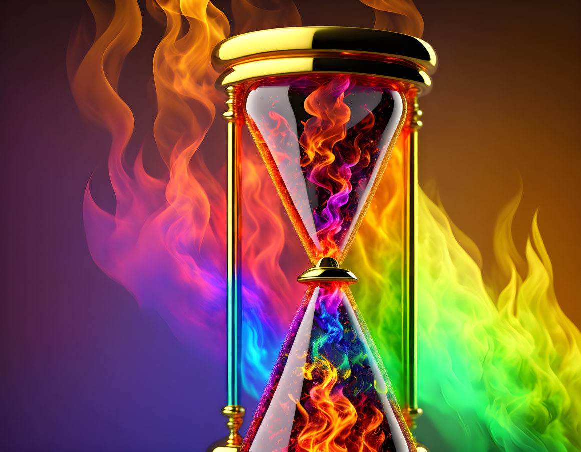 Colorful Sand and Flames in Artistic Hourglass on Purple and Orange Background