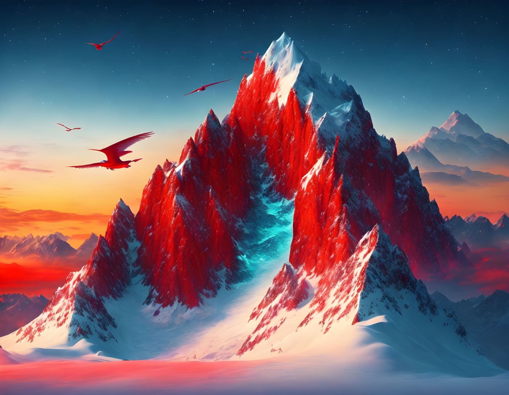 Majestic red and blue mountains under starry sky with eagles and ocean of clouds at dusk