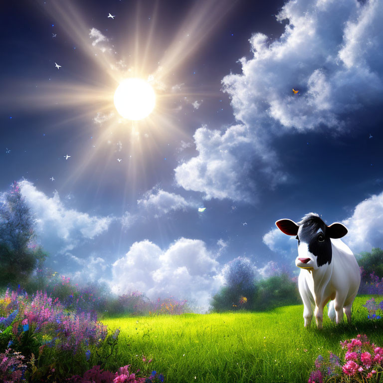 Cow in vibrant meadow with wildflowers, birds, and fluffy clouds