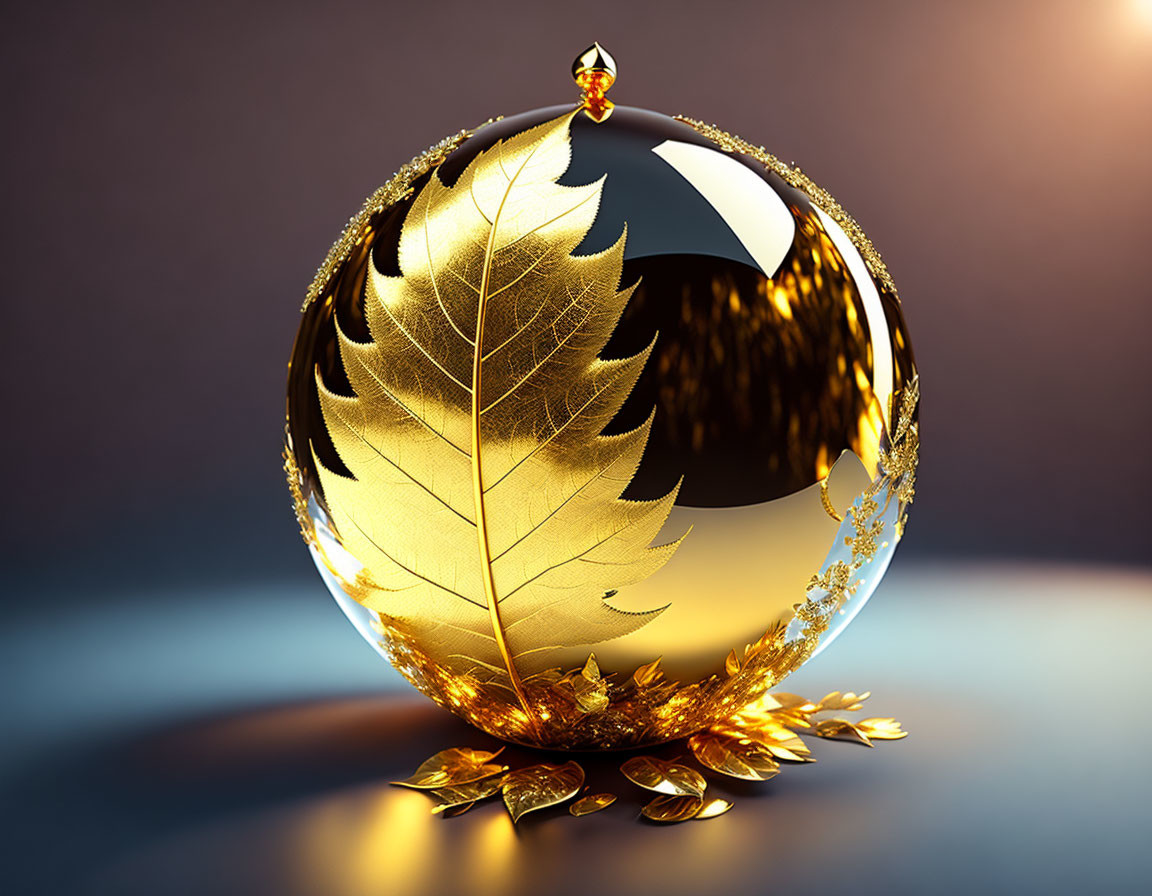 Golden sphere with leaf texture and crown-like embellishment on dark background