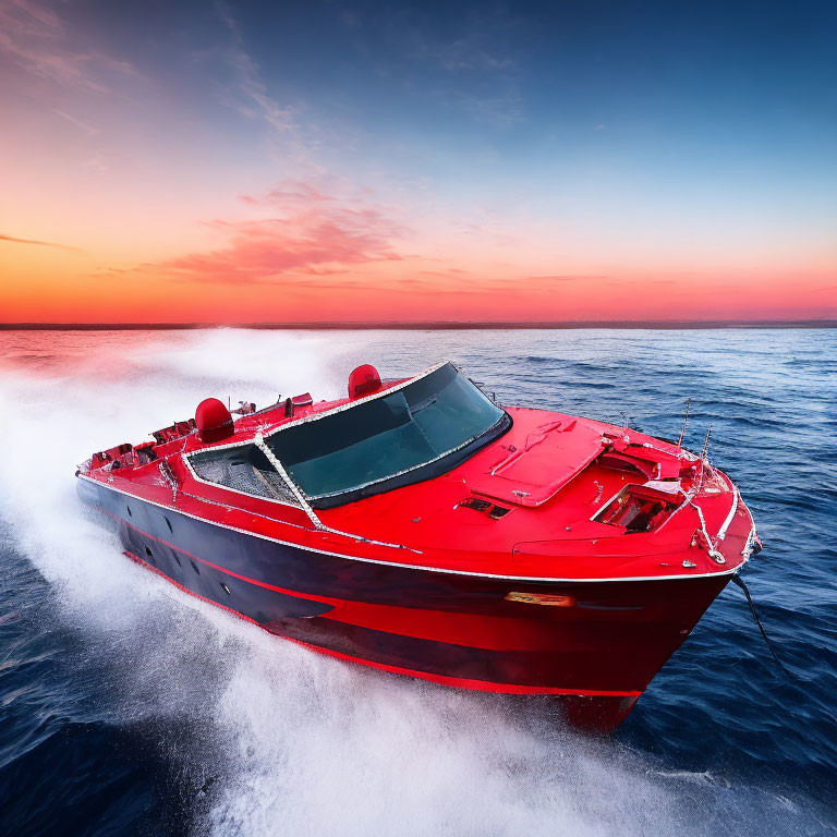 Vibrant sunset scene with red speedboat on blue waters