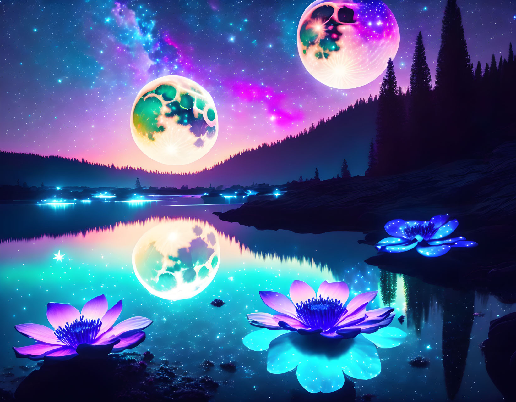 Nighttime lakeside digital art with fantasy planets, neon lotus flowers, and starry nebula