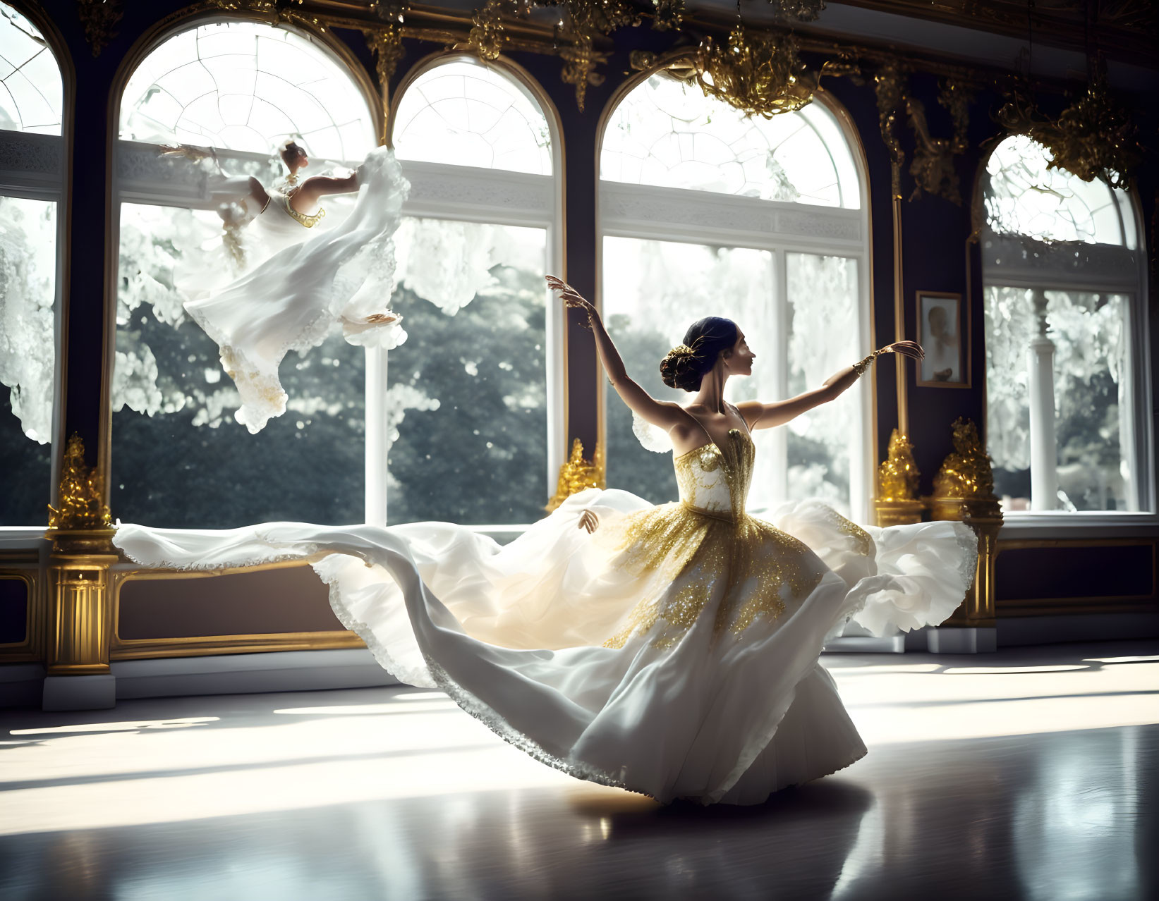 Graceful ballerina twirls in white and gold dress in lavish room with large windows.