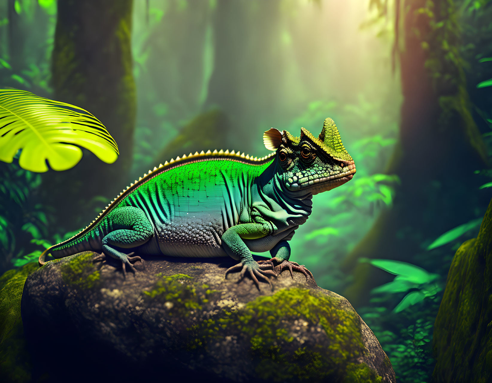 Colorful Chameleon with Spiky Ridge in Forest Scene