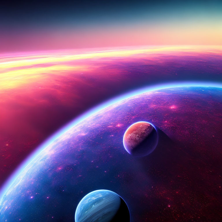 Colorful Space Scene with Large and Small Planets on Curved Horizon