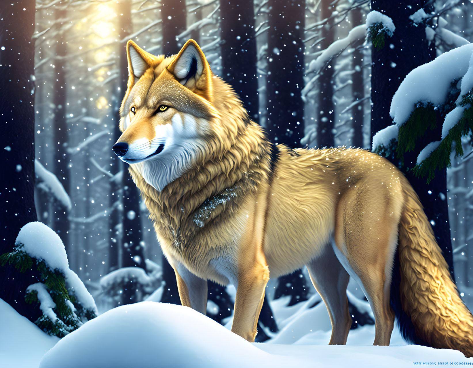 Majestic wolf in snowy forest with sunlight and falling snowflakes
