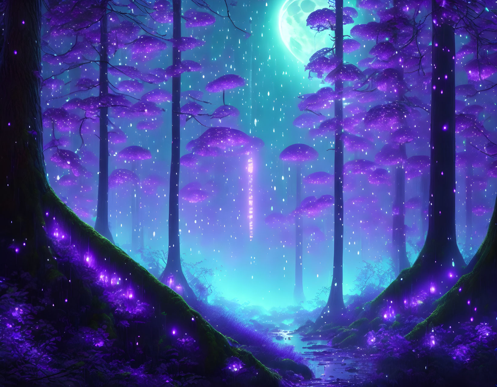 Enchanting forest with glowing purple mushrooms and swirling galaxy under starry sky