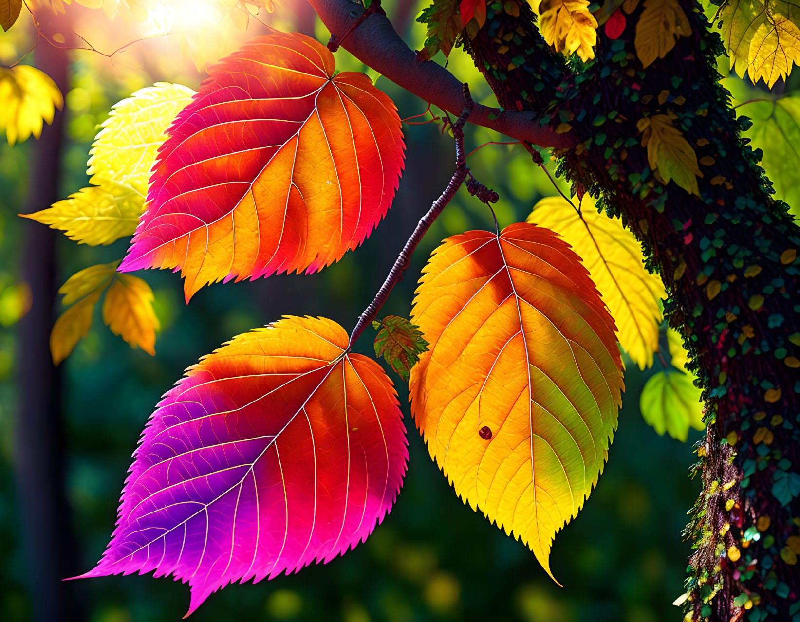 Colorful Autumn Leaves Backlit by Sunlight